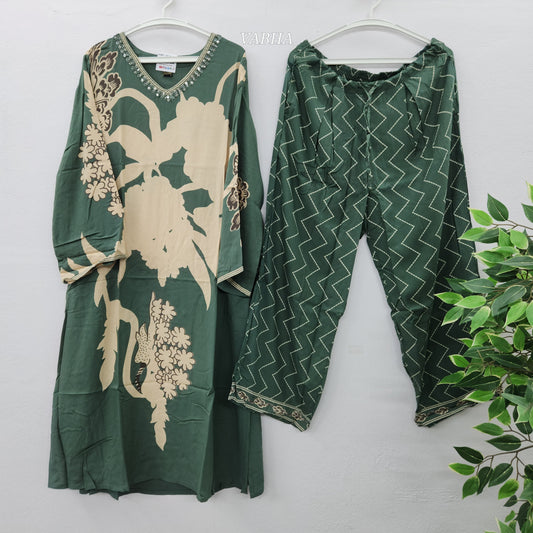 C37 Green Floral Print Rayon Co-Ord Set