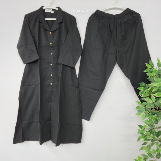 C51 Black Slub Cotton Collared A-line Co-Ord Set