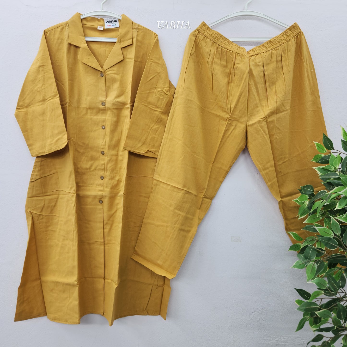 C54 Mustard Slub Cotton Collared A-line Co-Ord Set