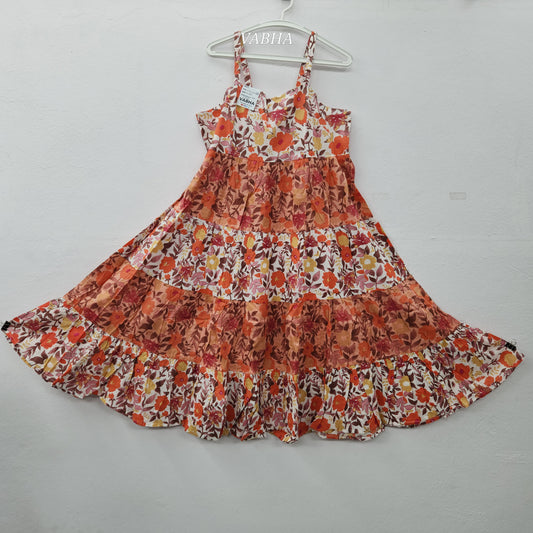 F54 Peach Floral Print Spaghetti Cotton Frock
