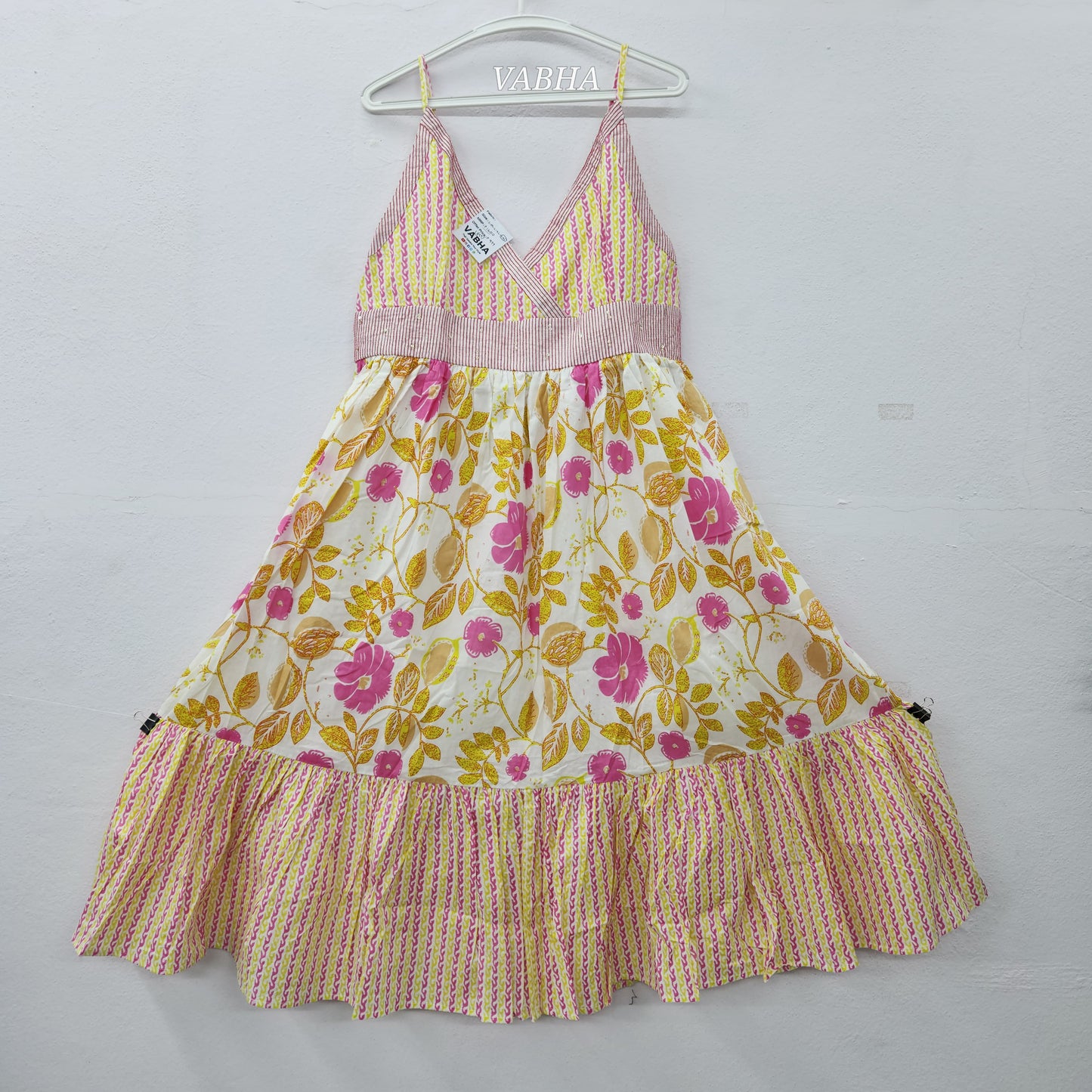 F55 White Pink Floral Spaghetti Cotton Frock