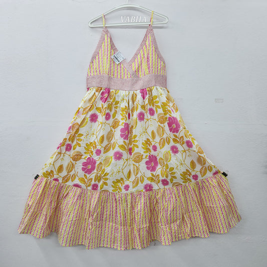 F55 White Pink Floral Spaghetti Cotton Frock