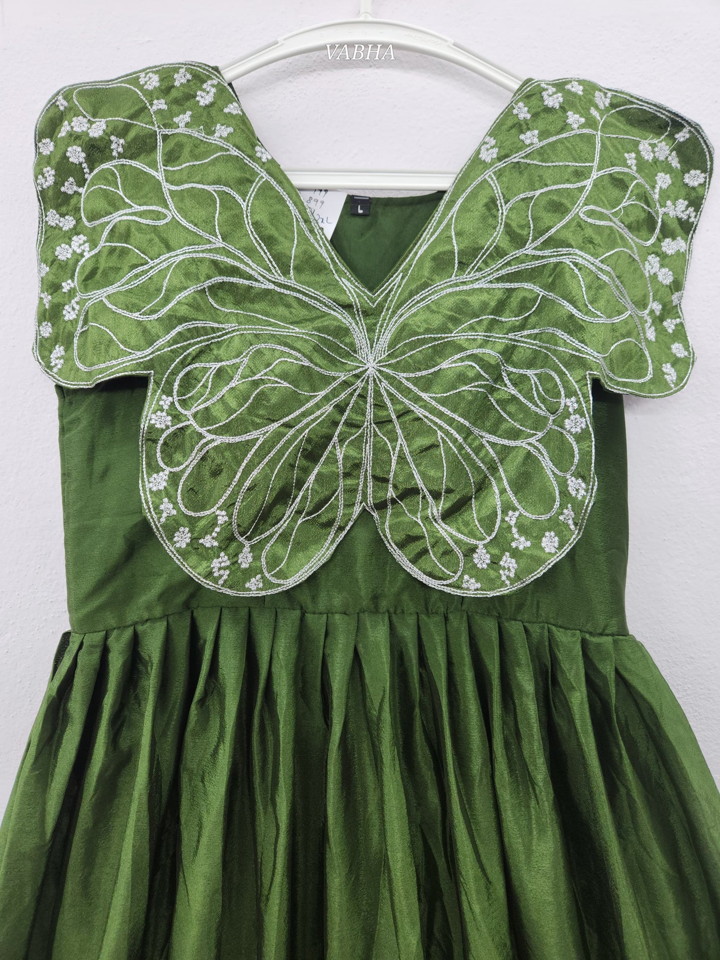 F59 Green Colour Full Length Vichitra Silk Butterfly Pattern Frock