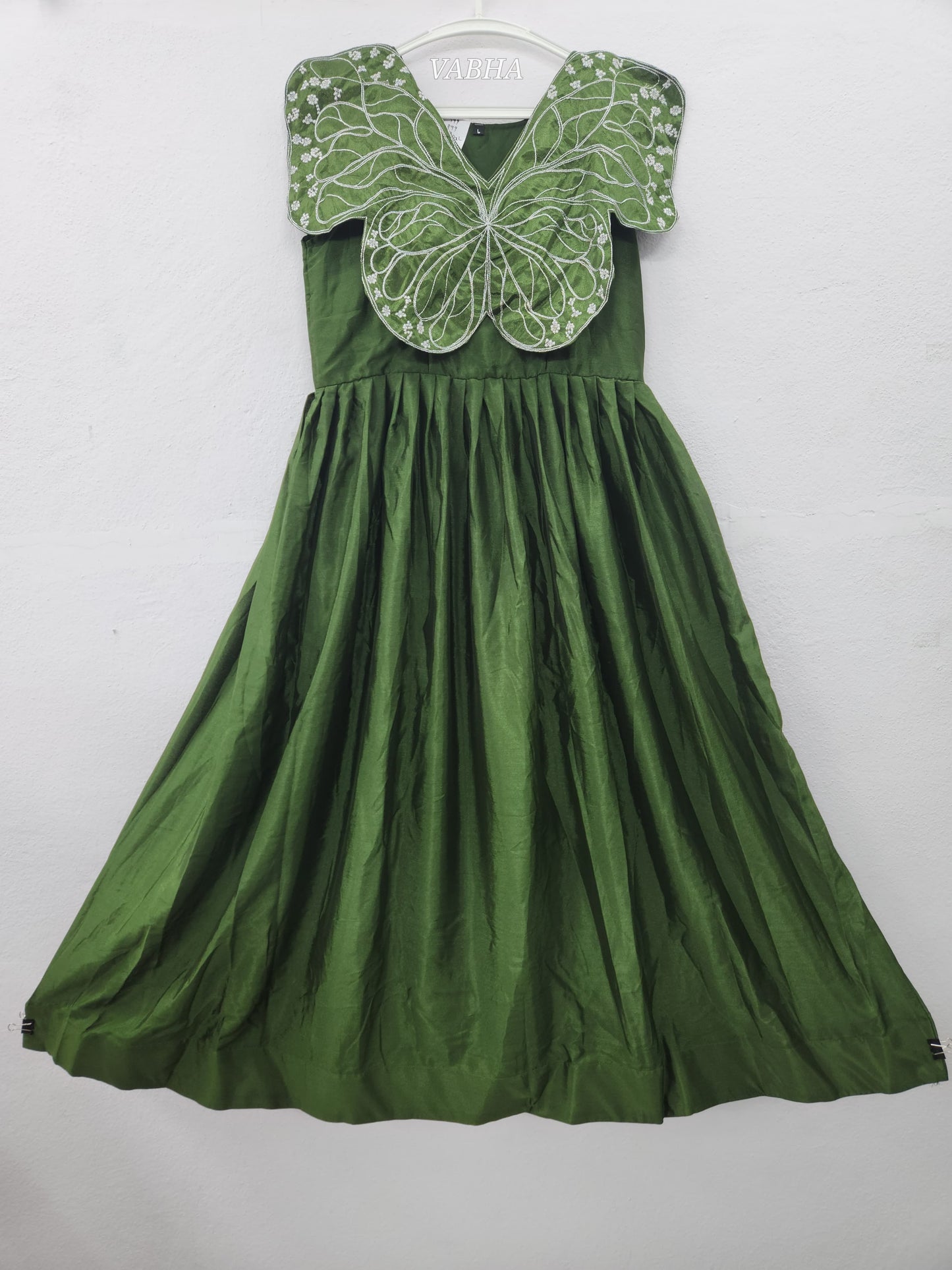 F59 Green Colour Full Length Vichitra Silk Butterfly Pattern Frock