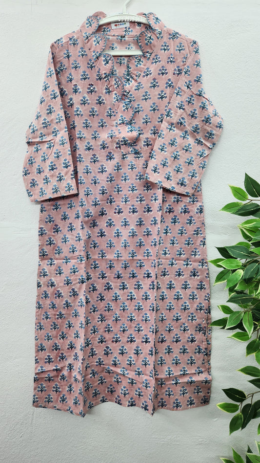 K14 Pink Scalop Neck Straight Cut Cotton Kurti