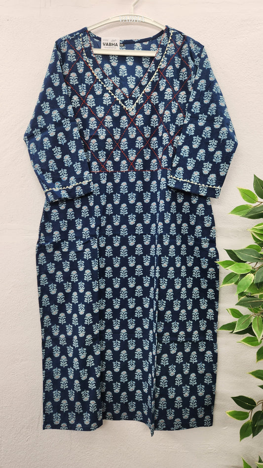 K17 Indigo Blue Straight Cut Cotton Kurti