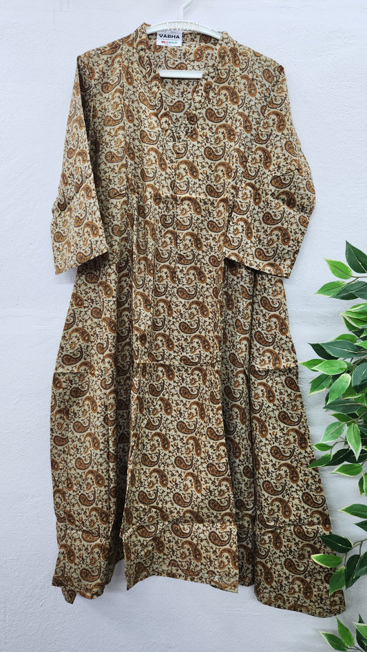 K22 Brown Full V Neck A line Cotton Kurti
