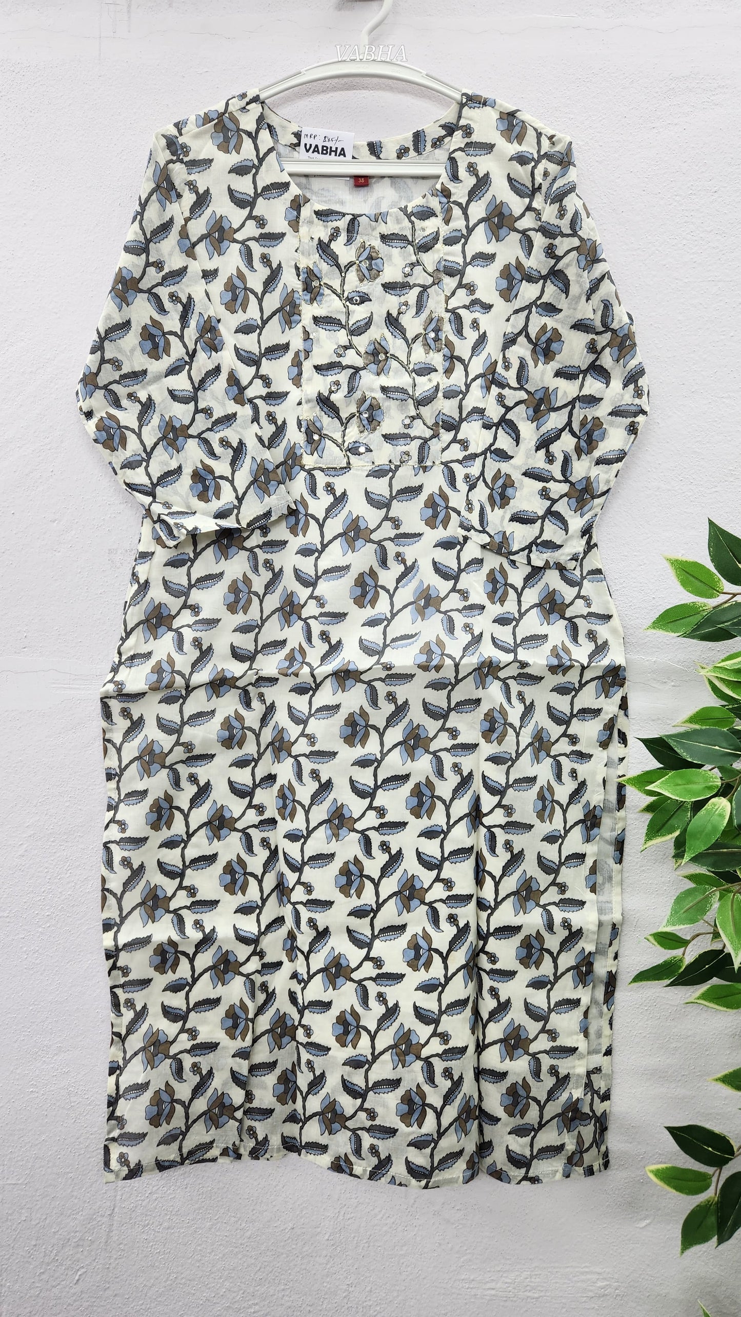 K26 Cream Grey Blue Floral With Lining Straight Cut Cotton Kurti