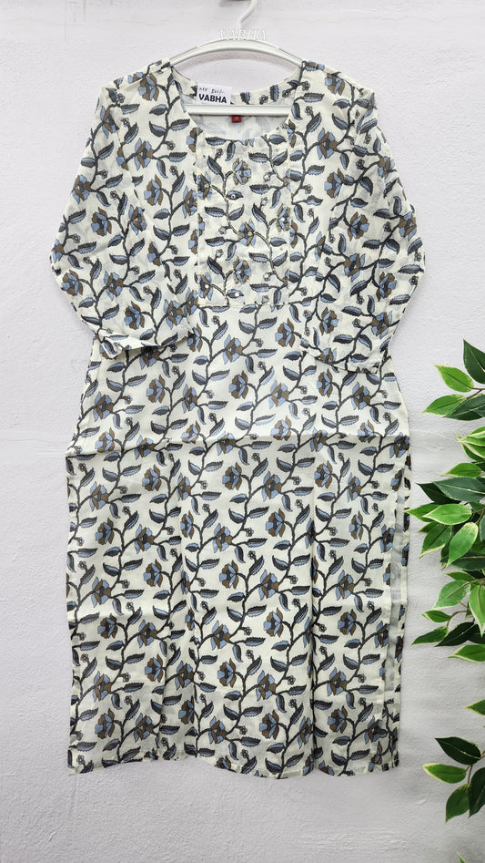 K26 Cream Grey Blue Floral With Lining Straight Cut Cotton Kurti
