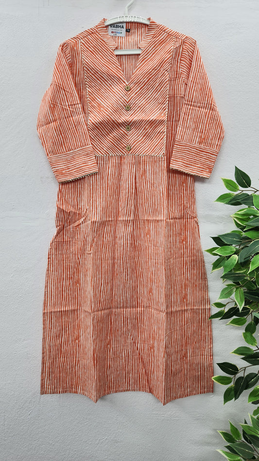 K29 Orange High Neck Straight Cut Cotton Kurti