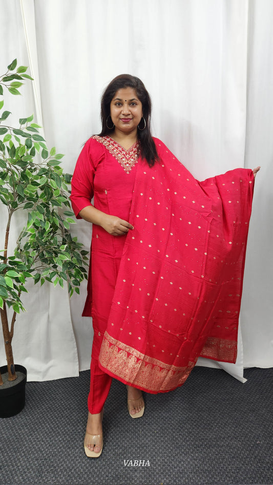 KPD19 Red Dola Silk Kurti Pant Dupatta
