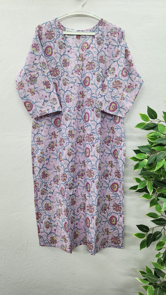 K02 Light Pink Floral Straight Cut Cotton Kurti