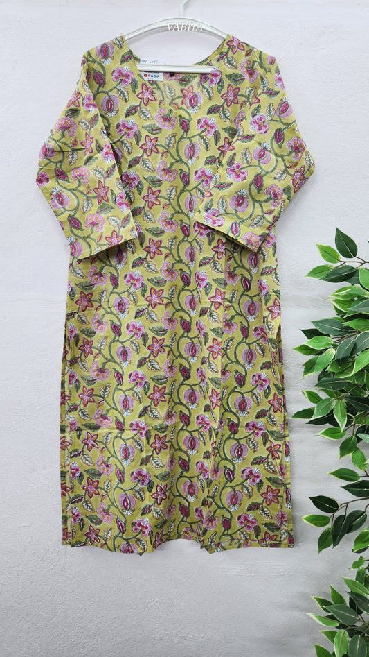 K03 Light Green Floral Straight Cut Cotton Kurti