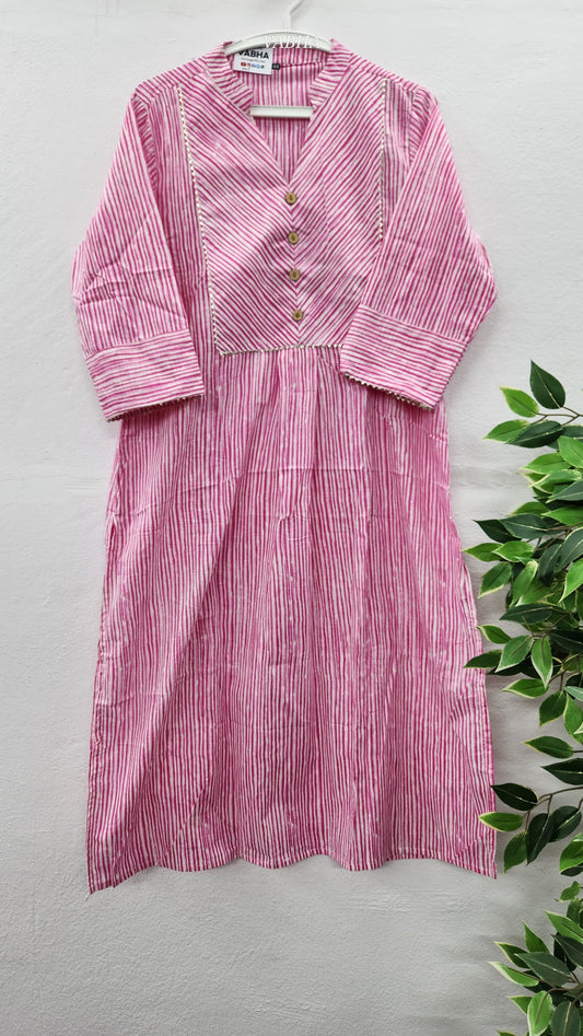 K05 Light Pink High Neck Straight Cut Cotton Kurti