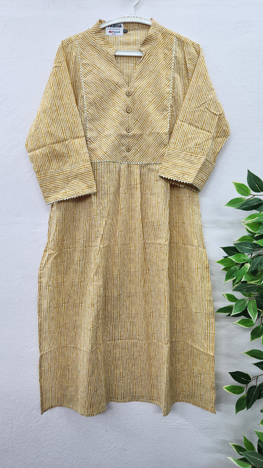 K06 Mustard High Neck Straight Cut Cotton Kurti