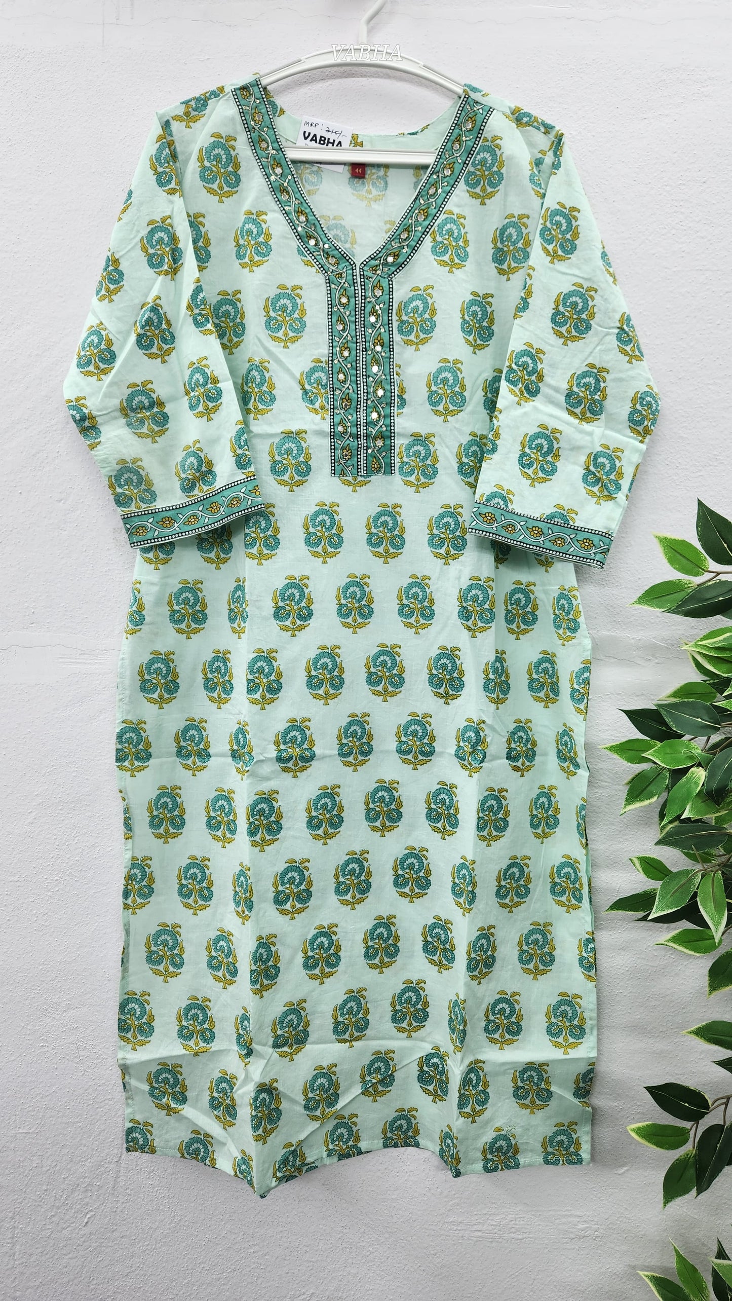 K09 Sea Green Straight Cut Cotton Kurti