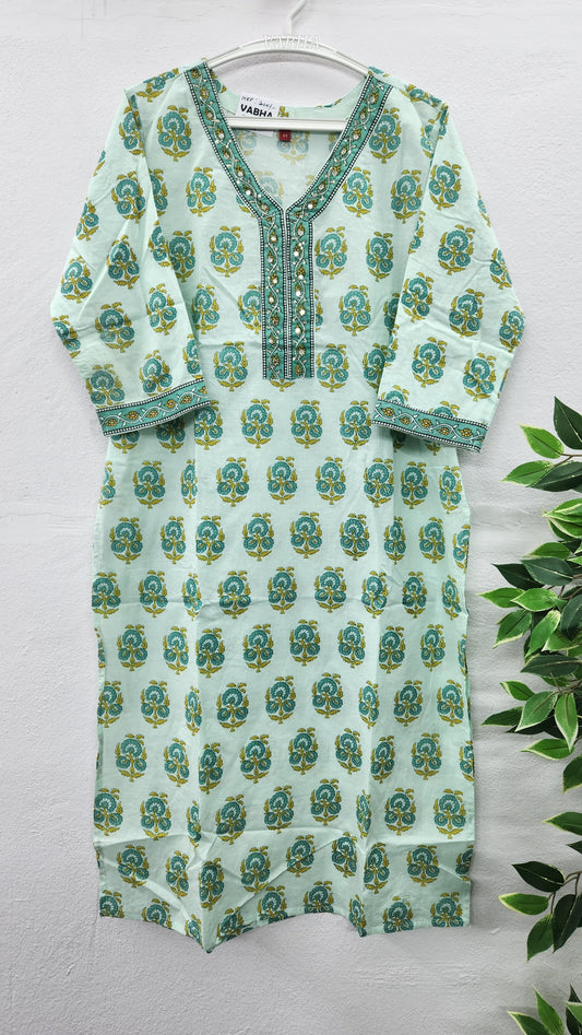 K09 Sea Green Straight Cut Cotton Kurti