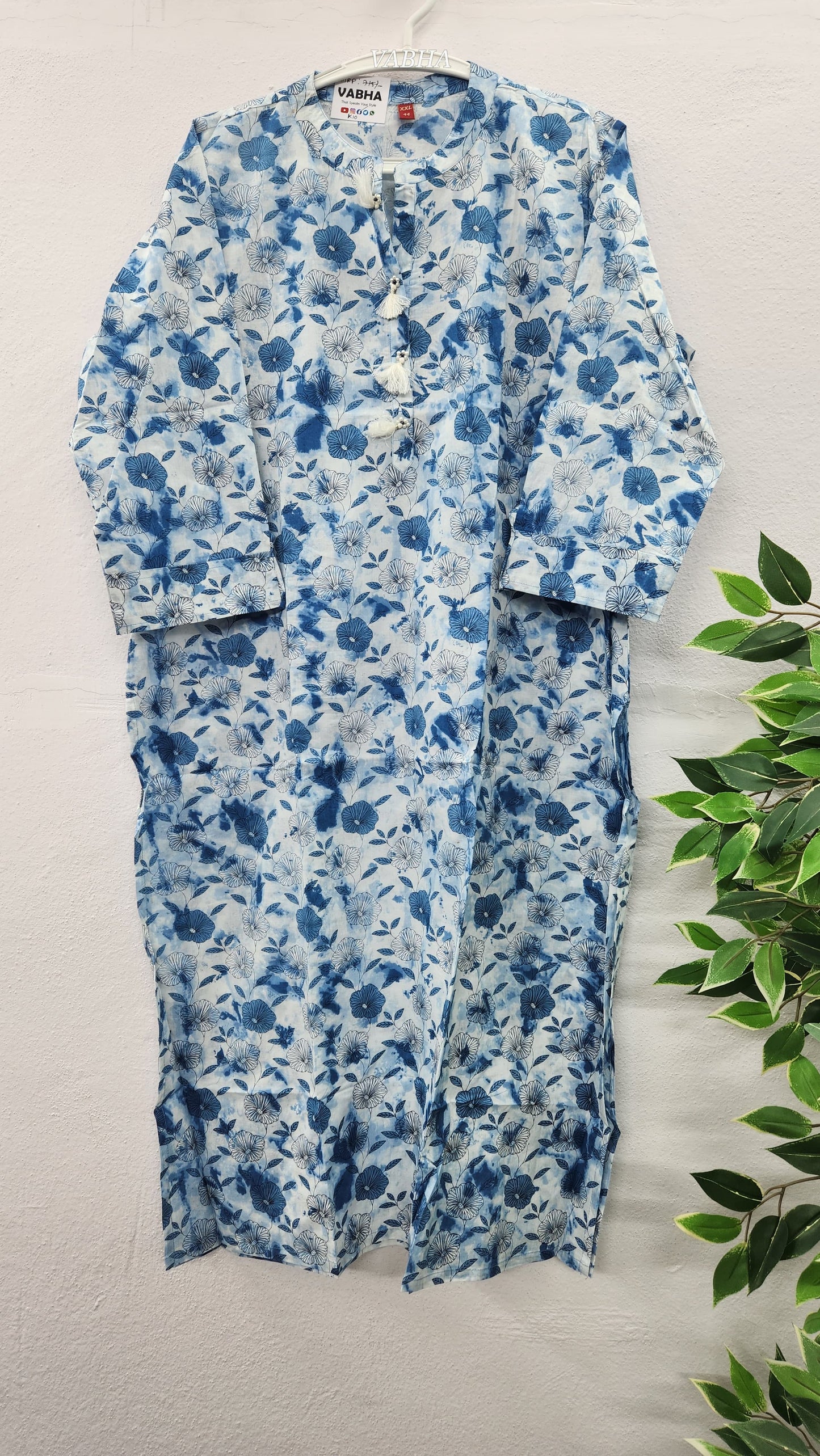 K10 Navy Blue High Neck Straight Cut Cotton Kurti