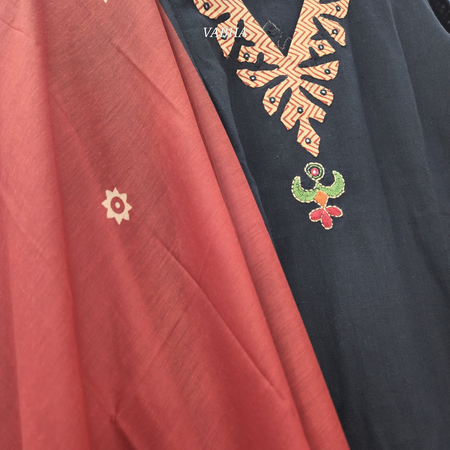 KPD60 Black V-neck Applique Design Straight Cut Cotton Kurti Pant Dupatta