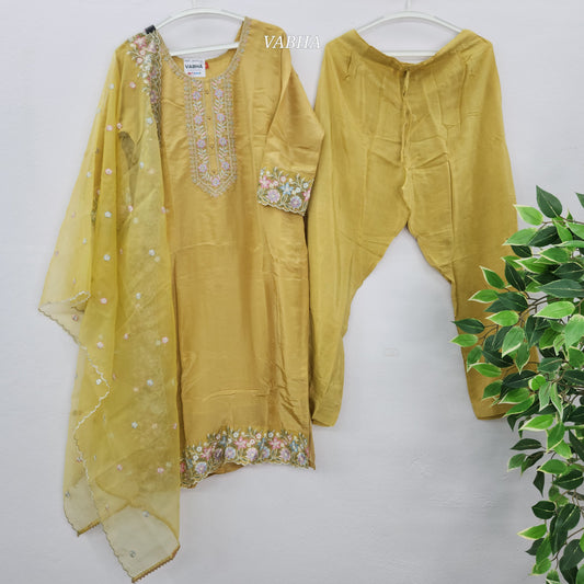 KPD61 Golden Yellow Tissue Silk Round Neck Party Wear Kurti Pant Dupatta