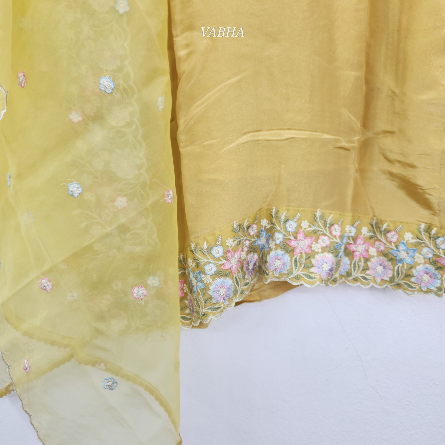 KPD61 Golden Yellow Tissue Silk Round Neck Party Wear Kurti Pant Dupatta