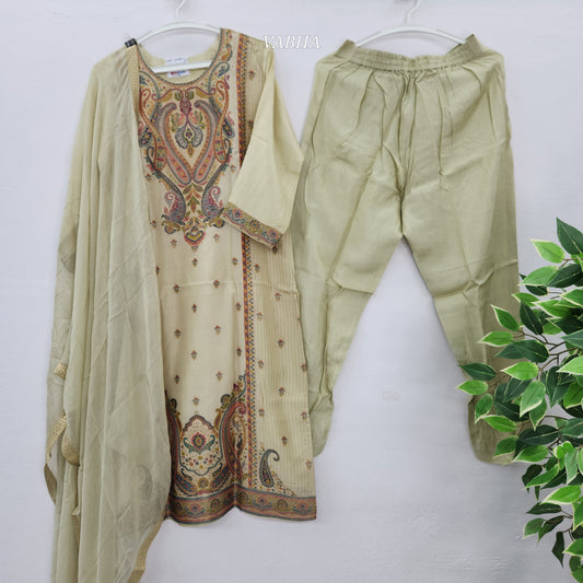 KPD62 Creamish Gold Muslin Silk Kashmiri Style Design Kurti Pant Dupatta