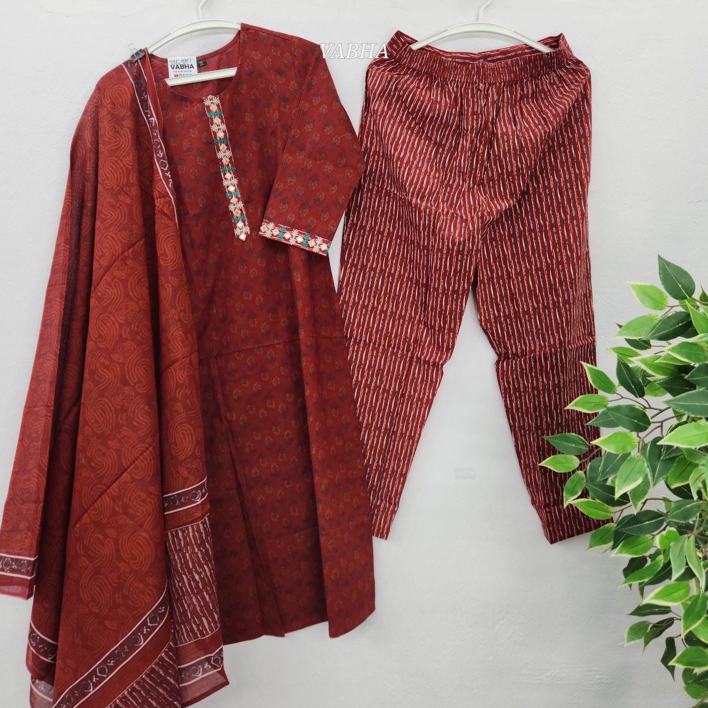 KPD66 Brick Red  Floral Print Cotton Kurti Pant Dupatta