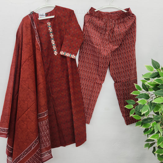 KPD66 Brick Red  Floral Print Cotton Kurti Pant Dupatta