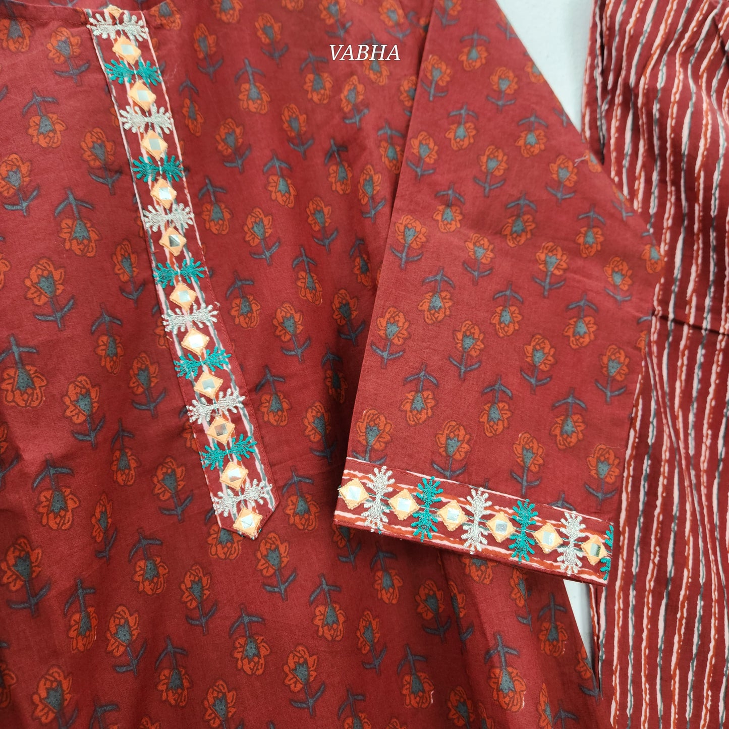KPD66 Brick Red  Floral Print Cotton Kurti Pant Dupatta