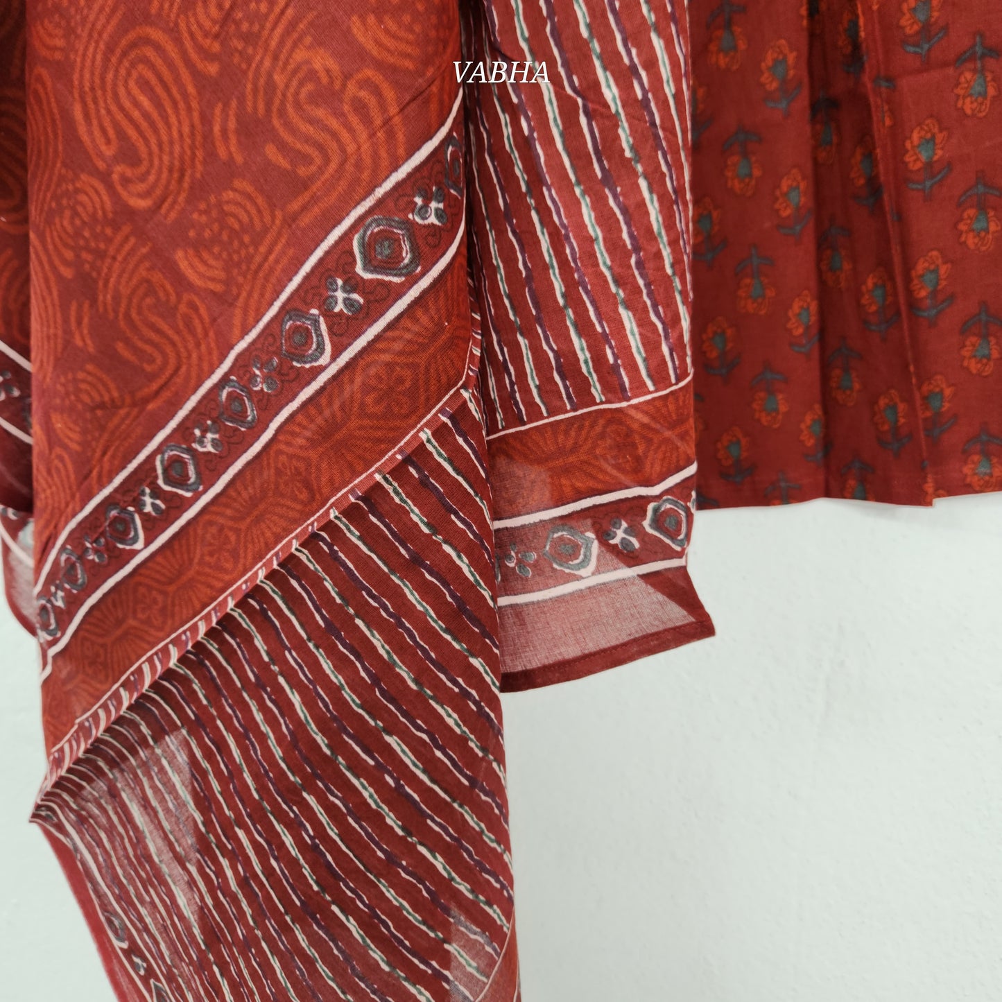 KPD66 Brick Red  Floral Print Cotton Kurti Pant Dupatta