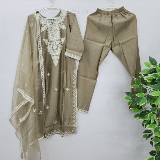 KPD69 Soft Roman Silk Thread Embroidery Beige Colour Kurti Pant and Organza Dupatta