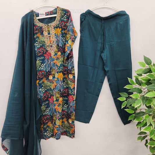 KPD70 Peacock Blue Floral Print With Lining Chinon Silk Kurti Pant Dupatta